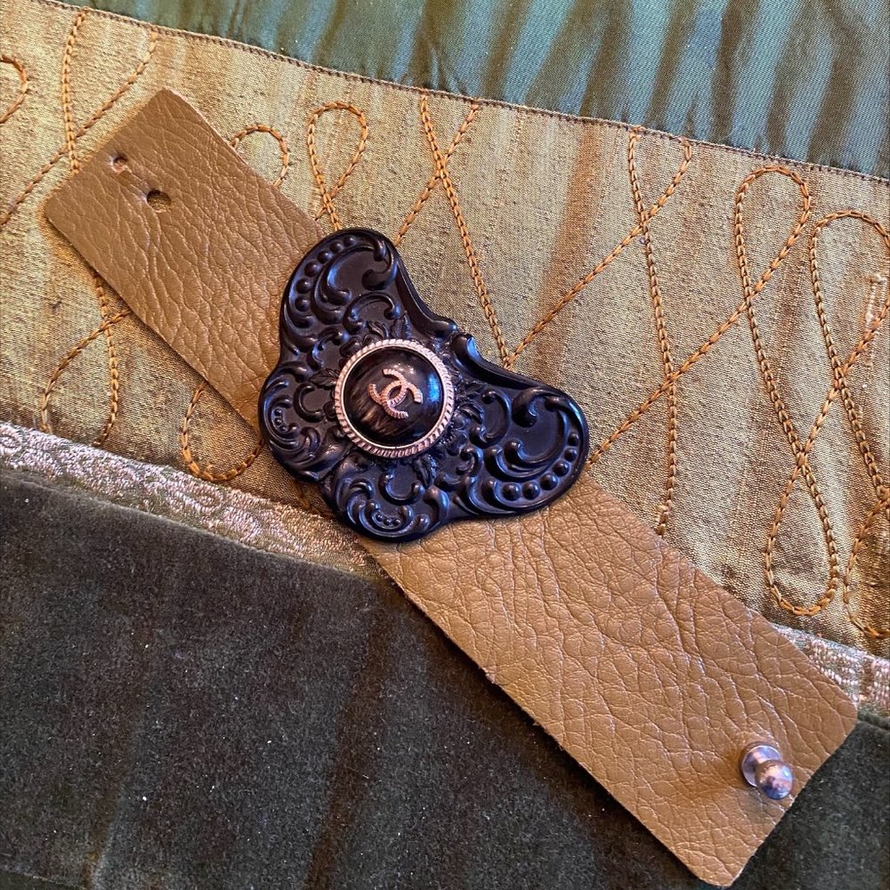 Antique Butterfly Buckle Chanel Button Leather Adjustable Bracelet Cuff